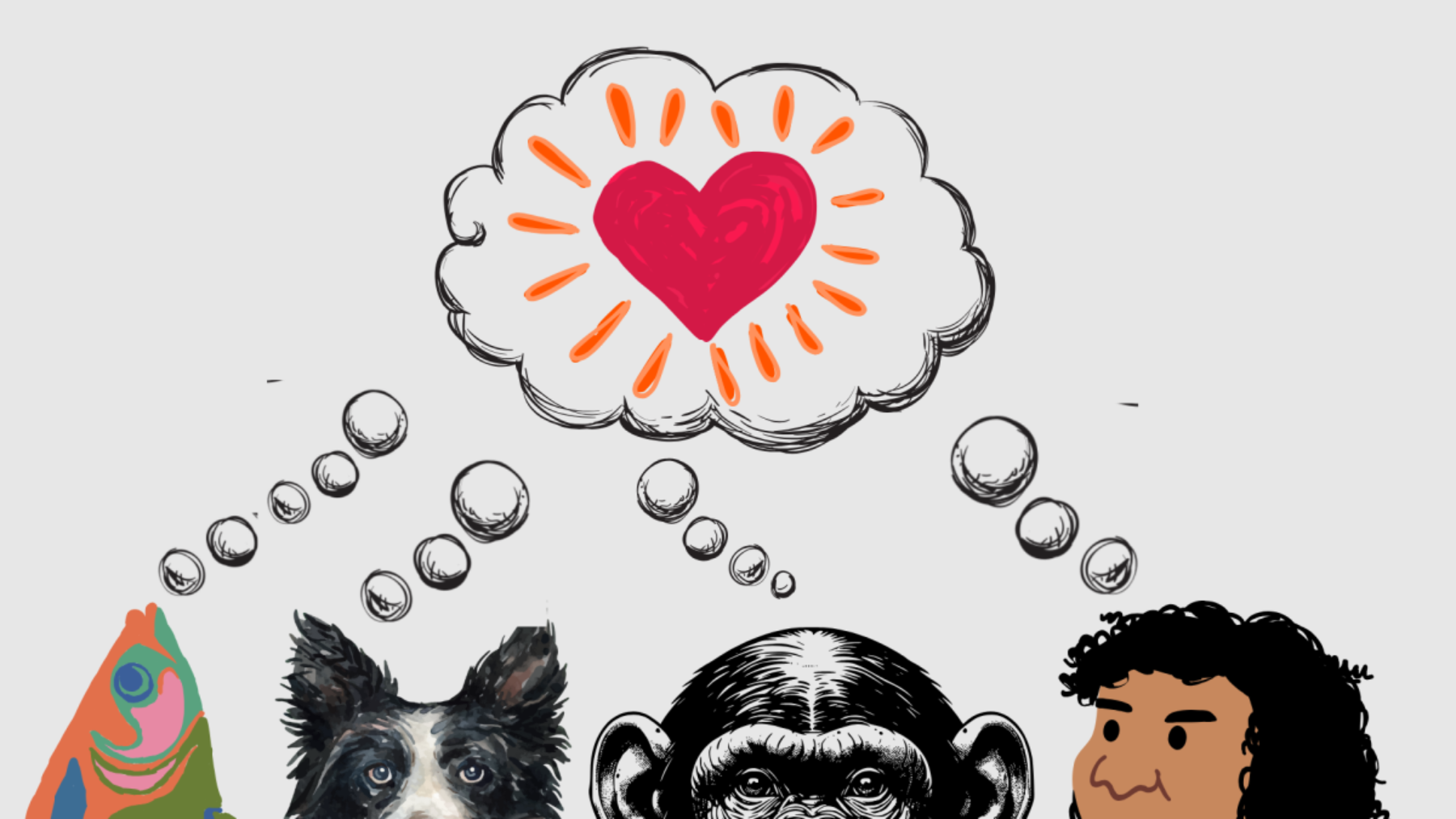 The image shows a human being, ape dog and fish and a speech bubble with a heart in it.